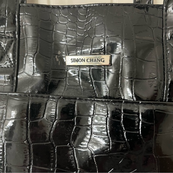 Simon Chang Handbags - Simon Chang Glossy Black Croc-Embossed Patent Handbag